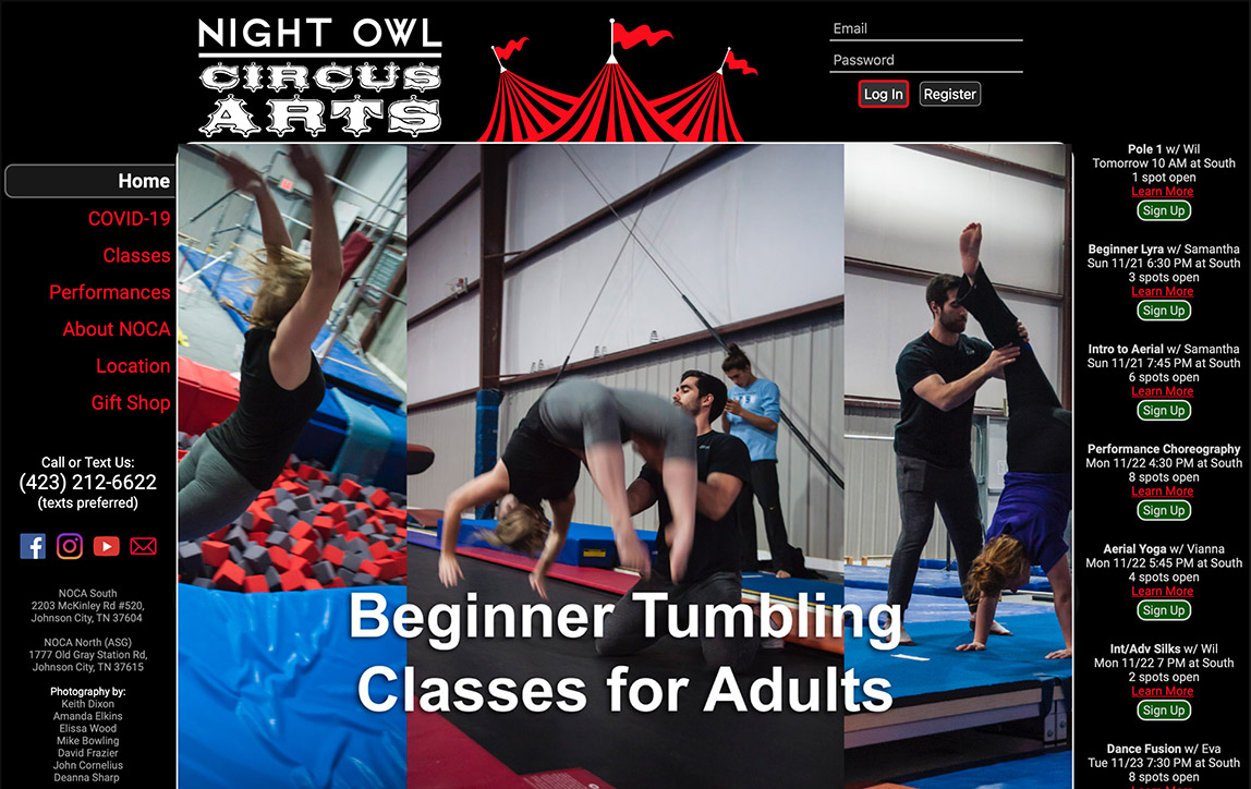 Tumbling classes for adults at Night Owl Circus Arts in Johnson City, Tennessee, USA